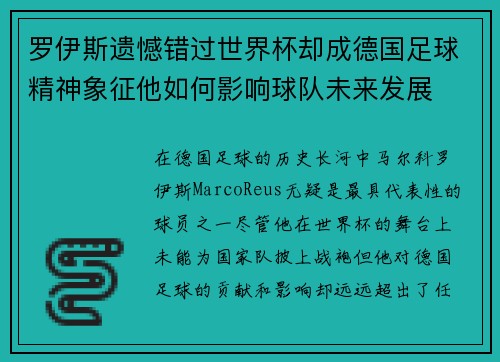罗伊斯遗憾错过世界杯却成德国足球精神象征他如何影响球队未来发展